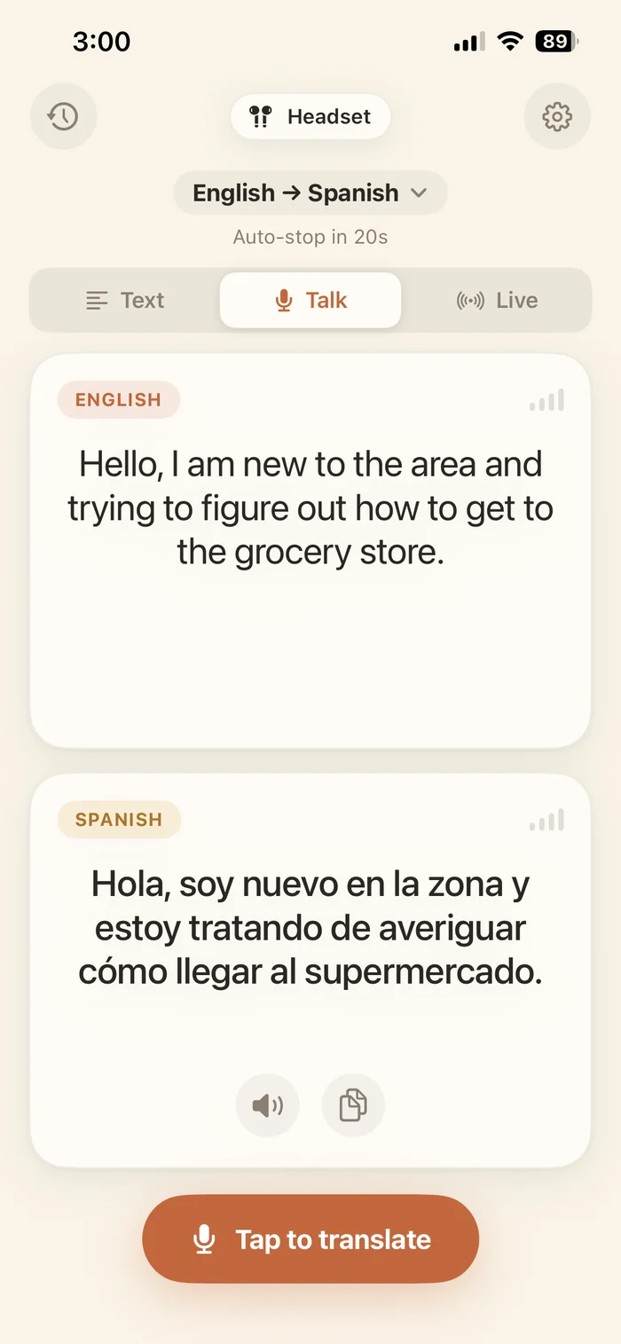 Sema translating spoken English to Spanish