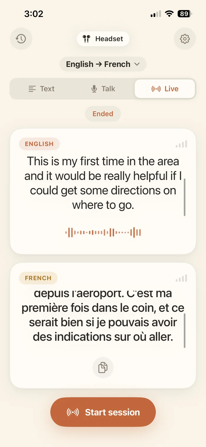 Live conversation translated from English to French