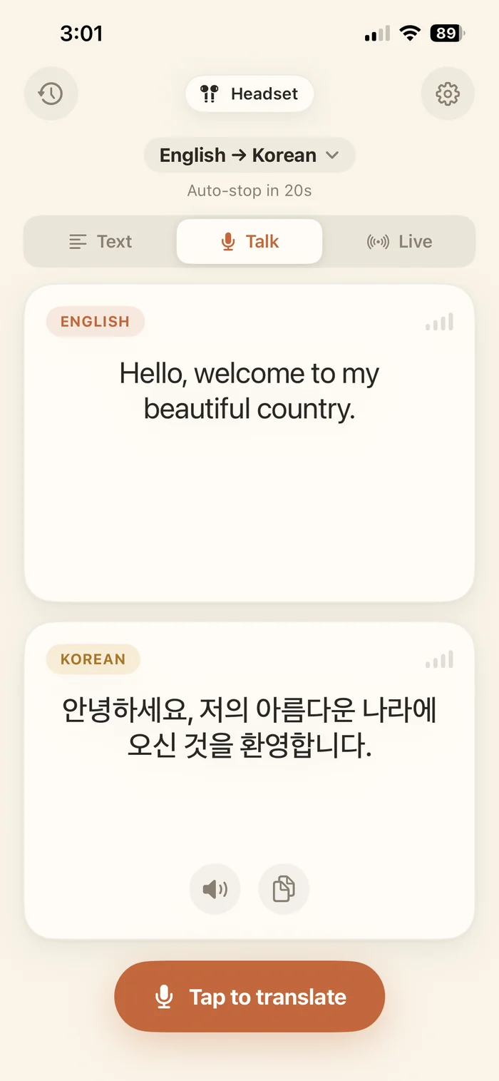 Talk mode translating English to Korean